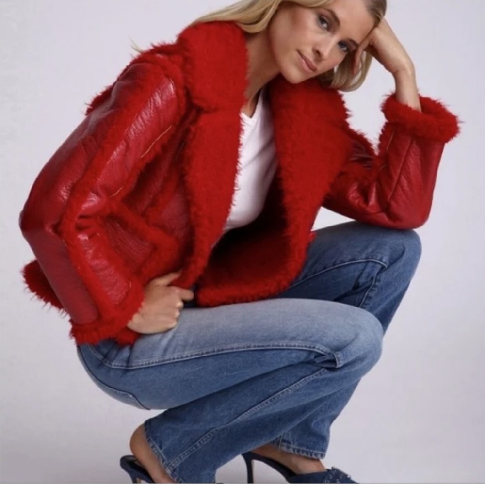 7 For All Mankind Stella Red Vegan Leather Faux Shearling Cropped Jacket NWT